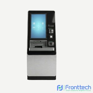 FrontTech cash kiosk for banking and payment services front view with touchscreen and cash handling system
