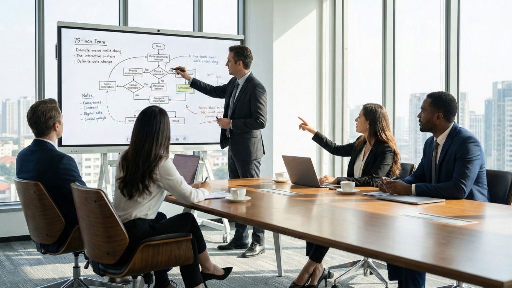 Team collaborating using 75-Inch Interactive Whiteboard during business meeting