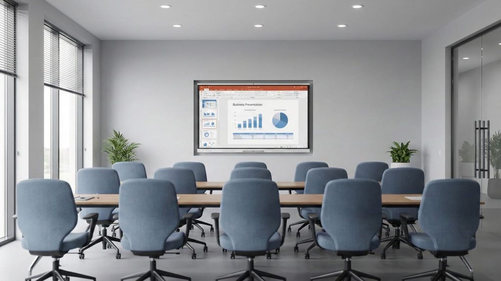 Modern training room equipped with interactive whiteboard display