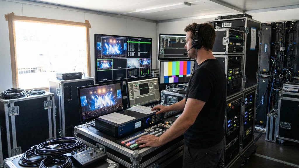 Technician managing rental LED display control system during live event