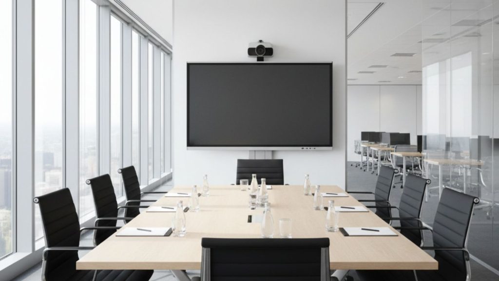 Large interactive whiteboard installed in corporate conference room
