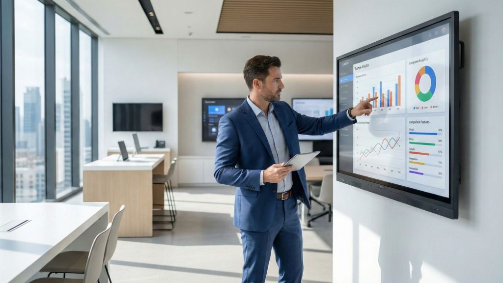 Professional using a 65 inch interactive whiteboard for business presentation in modern office meeting room