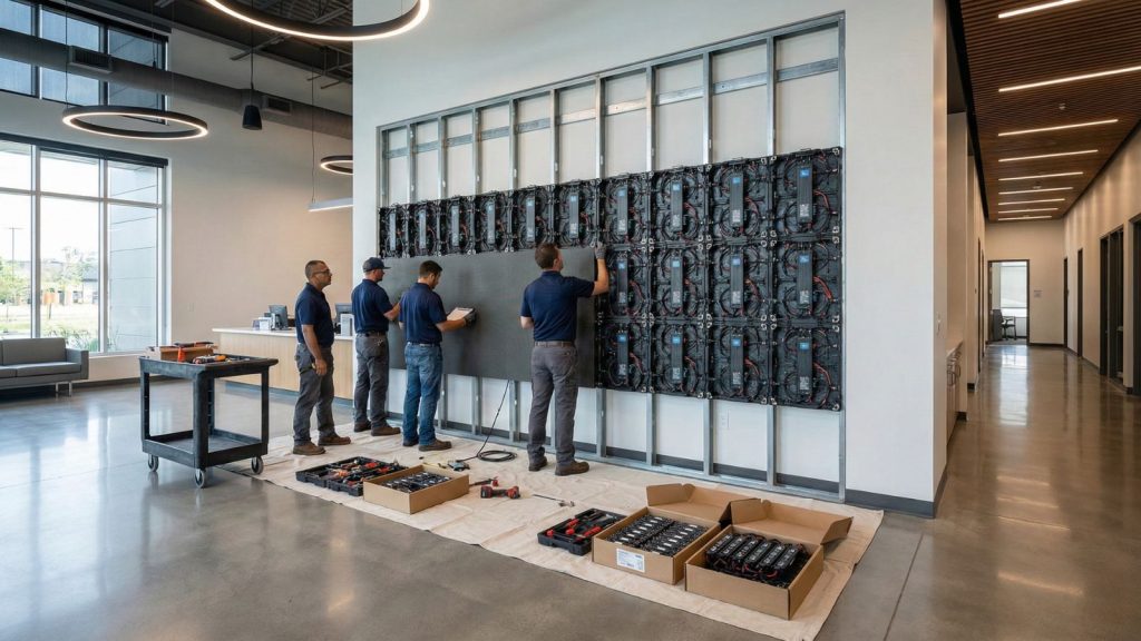 Technicians installing Indoor LED Display on wall
