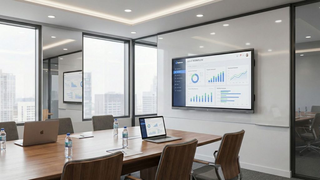 Interactive whiteboard installed and ready for corporate training use