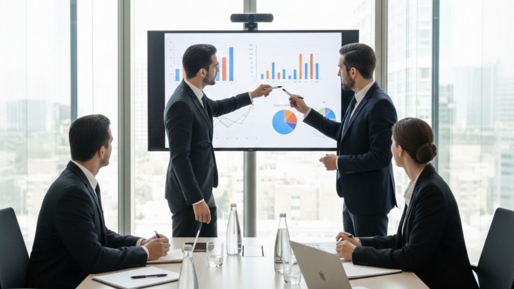 Corporate team collaborating using interactive whiteboard in office meeting