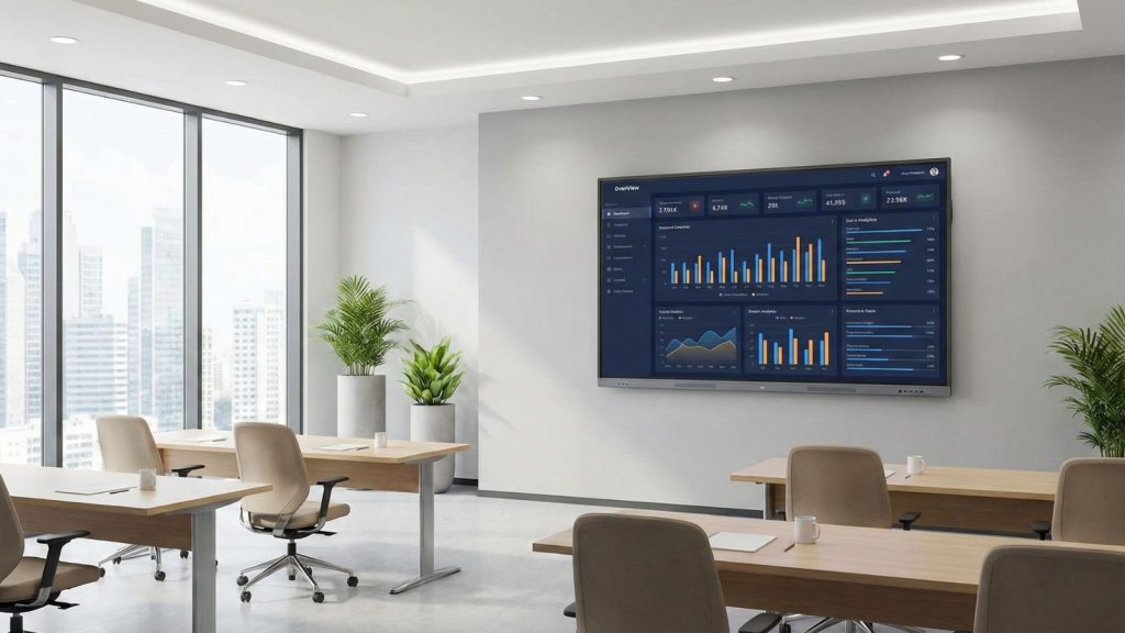 Wall mounted interactive whiteboard display used in professional training room