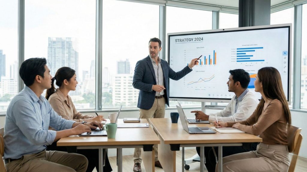 Corporate trainer using interactive whiteboard during professional training session