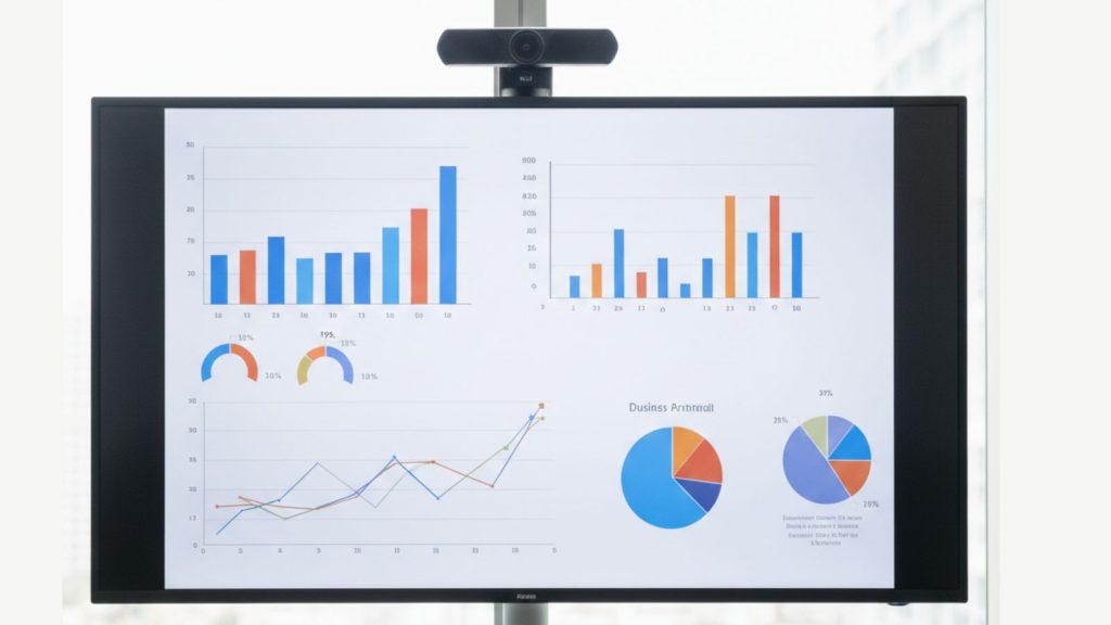 Interactive whiteboard touchscreen display showing corporate presentation