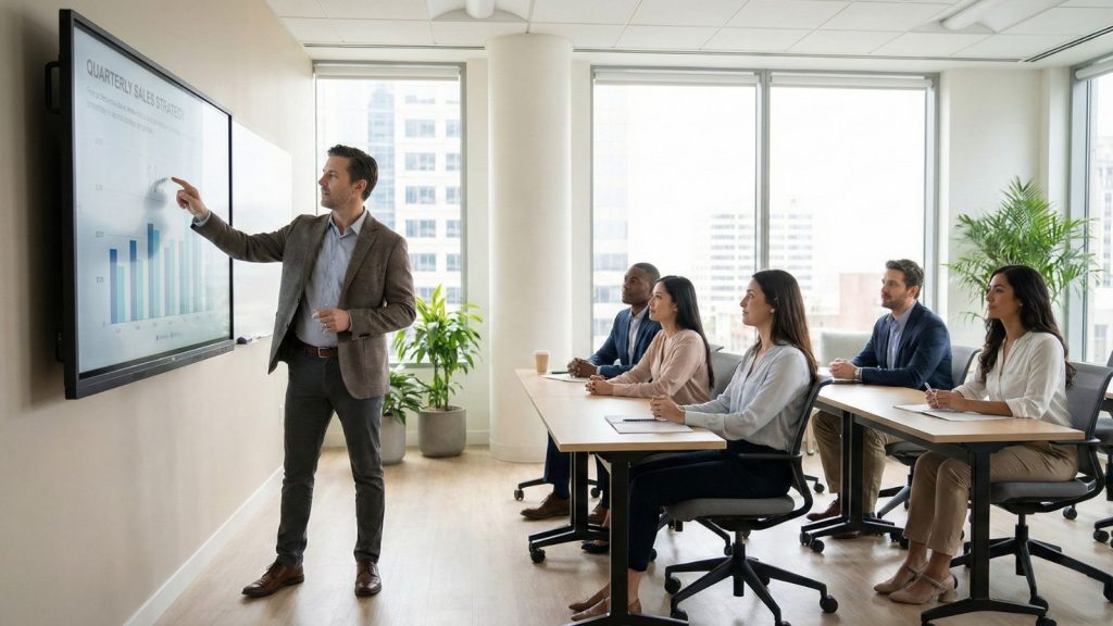 Trainer explaining presentation using interactive whiteboard in training room