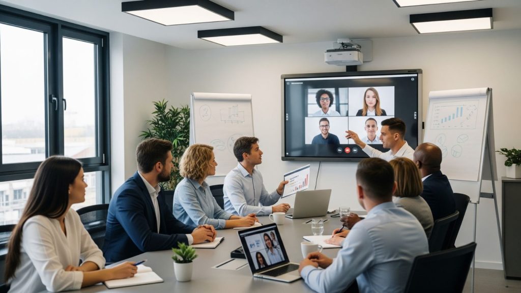 Interactive whiteboard used for video conferencing in corporate meeting room