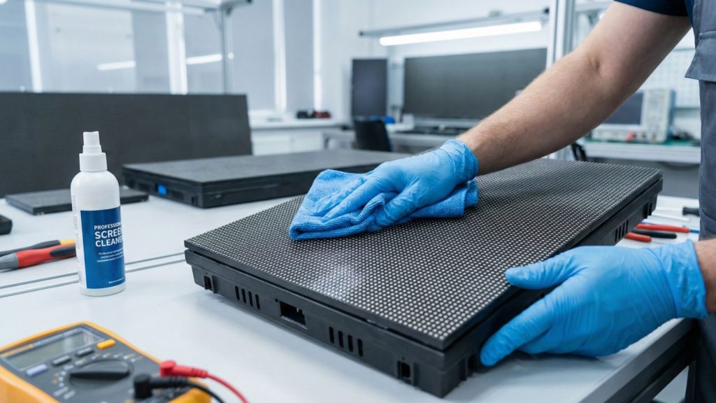 Technician performing LED Display maintenance and cleaning