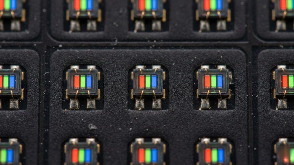 Closeup view of LED Display pixels showing pixel pitch and resolution