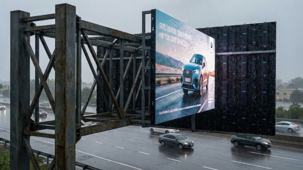 Outdoor LED Display operating during rain weather outdoors