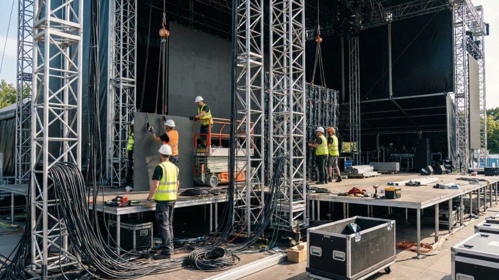 Technicians installing rental LED display on truss structure for event