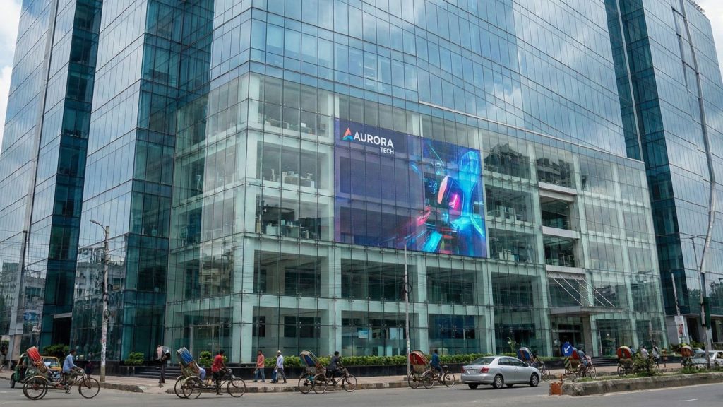 Transparent LED Display installed on commercial glass building in Bangladesh