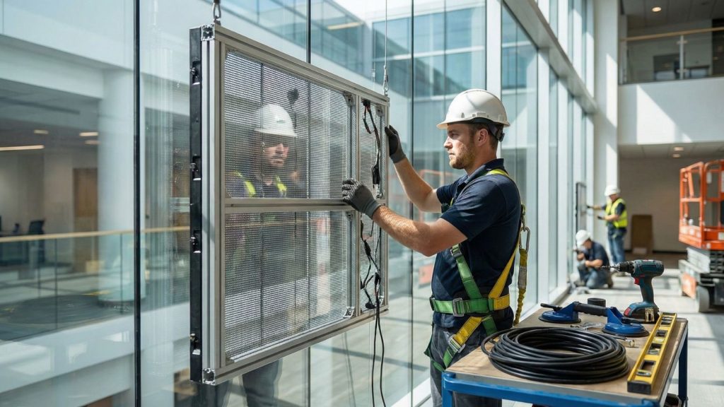 Technician installing Transparent LED Display on glass wall