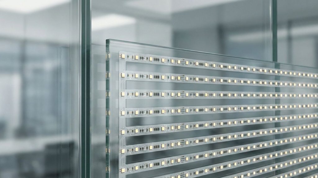 Close up view of transparent LED display panel showing transparent LED strip structure