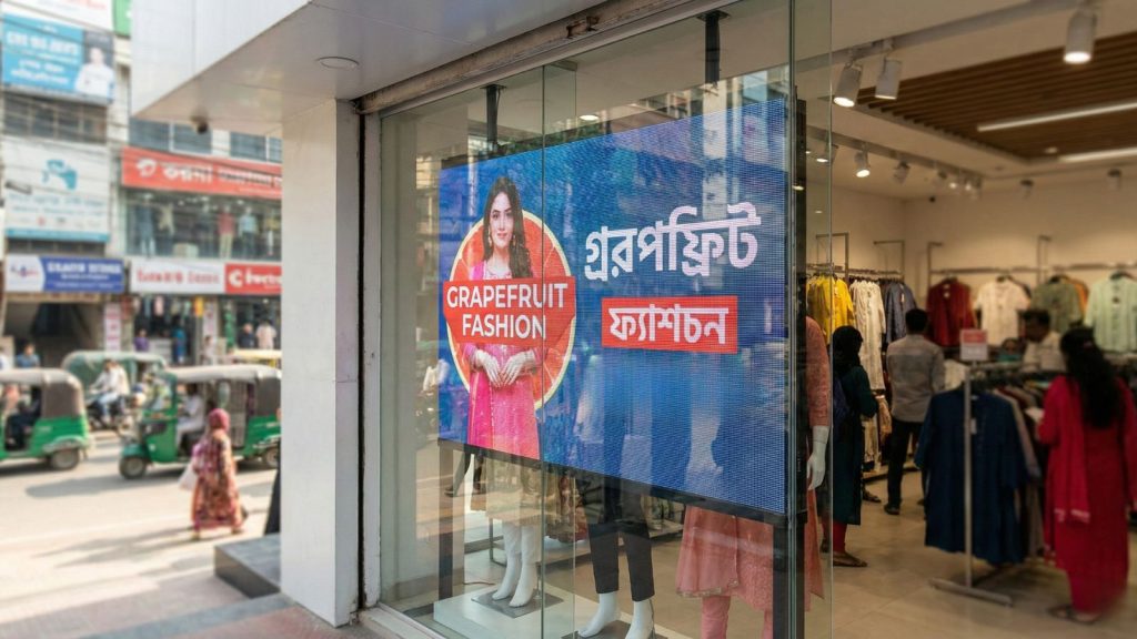 Transparent LED Display installed on showroom glass wall showing digital advertisement in Bangladesh