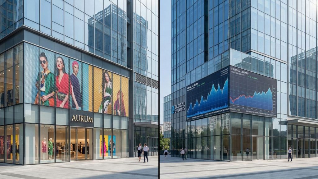 Transparent LED Display installed on corporate and retail glass building