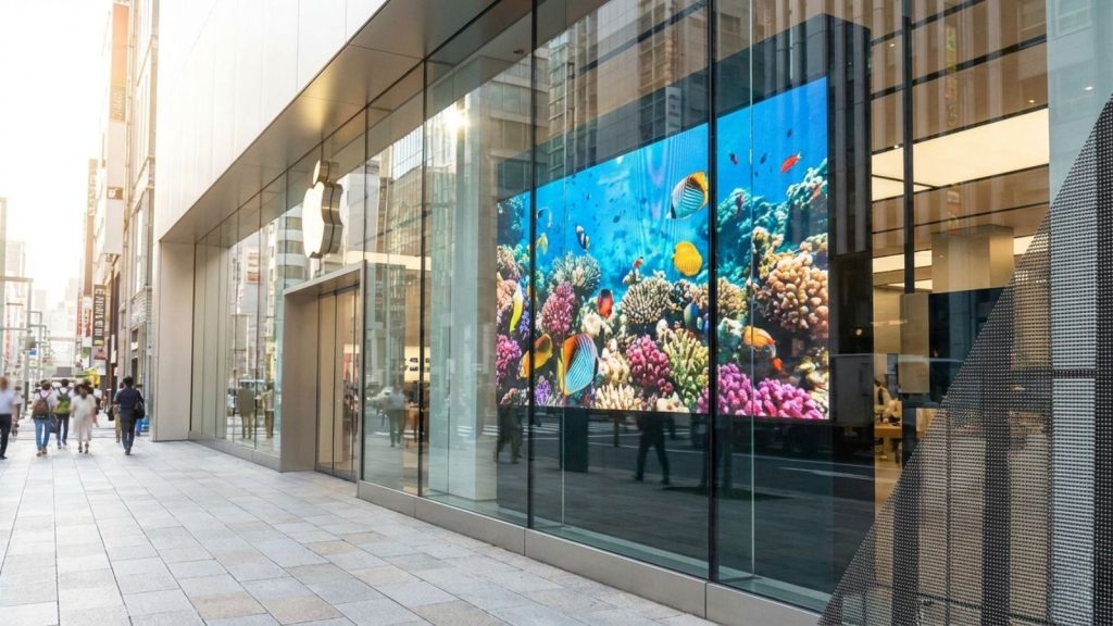 Transparent LED Display showing clear digital content on glass storefront