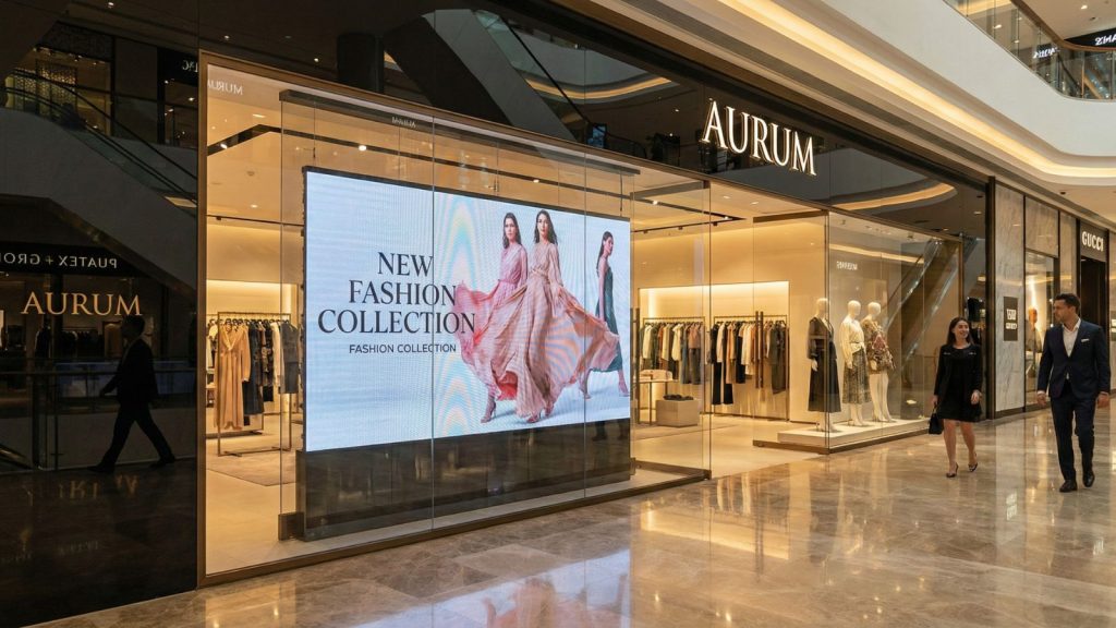 Transparent LED Display used in retail showroom glass storefront for advertising