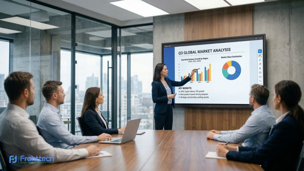 4k ultra hd interactive flat panel display showing business presentation