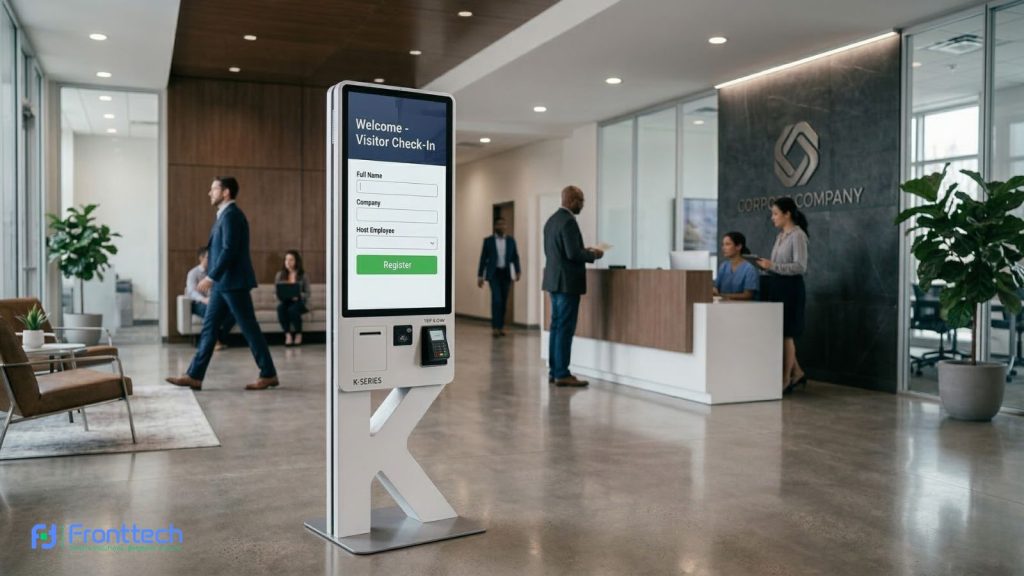 touch screen kiosk used for visitor management in corporate office