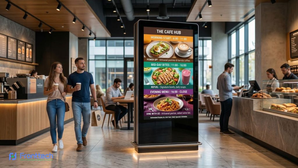 digital signage kiosk displaying scheduled advertising content automatically