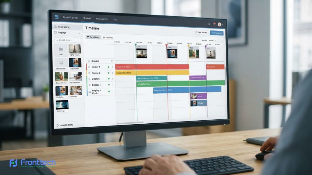 Digital signage software dashboard showing automated content scheduling system