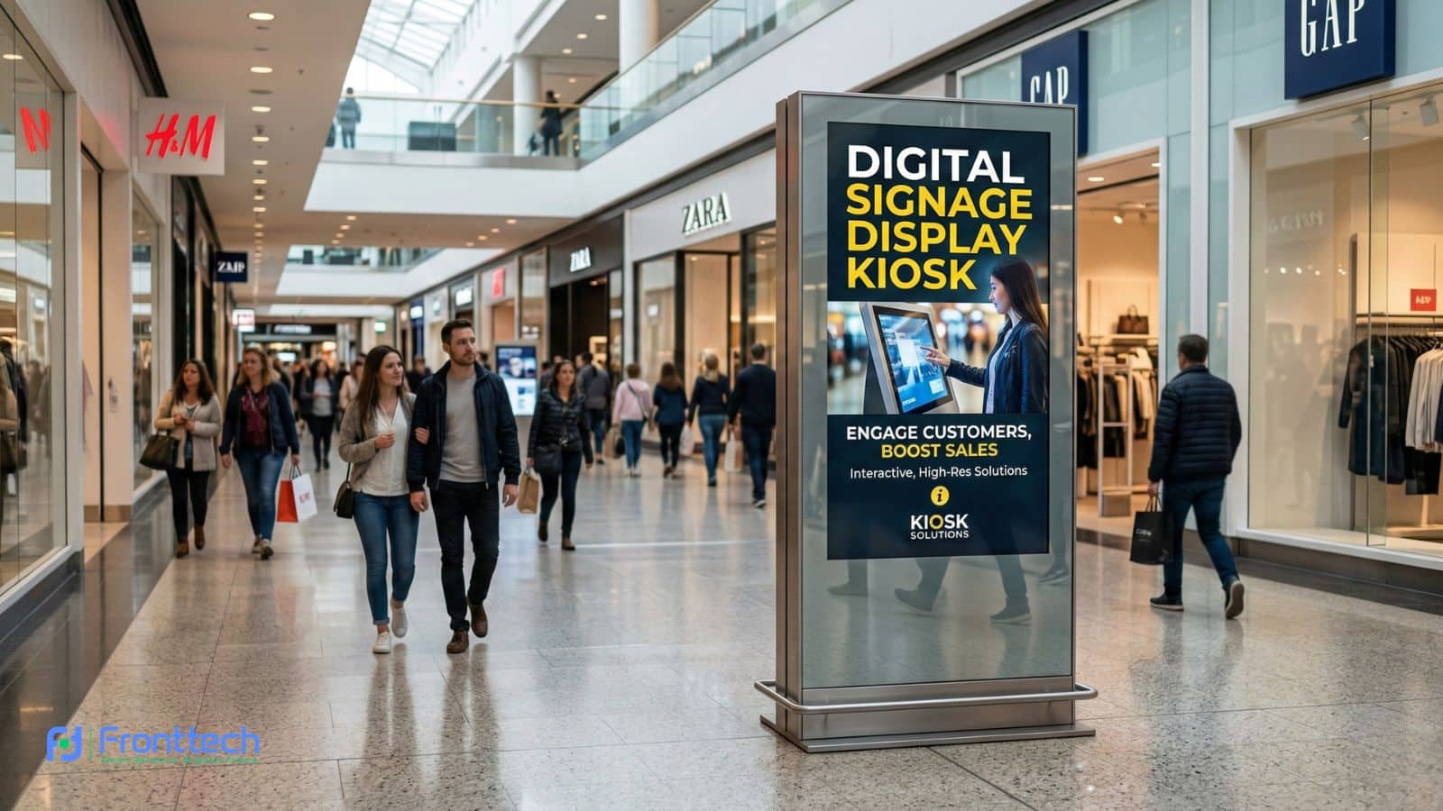 digital signage display kiosk showing advertising content in shopping mall