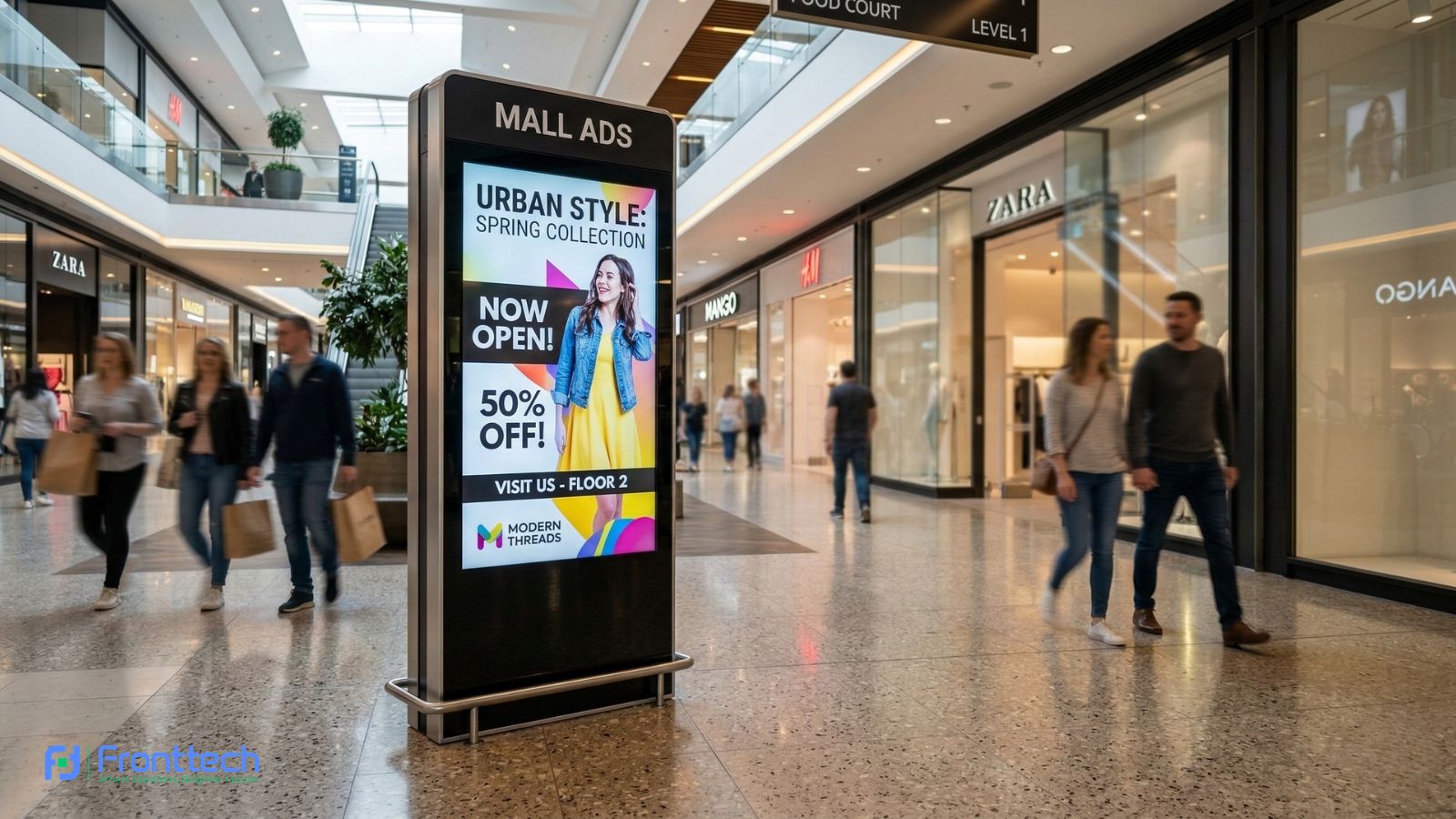 Digital signage display kiosk showing advertisements inside a shopping mall