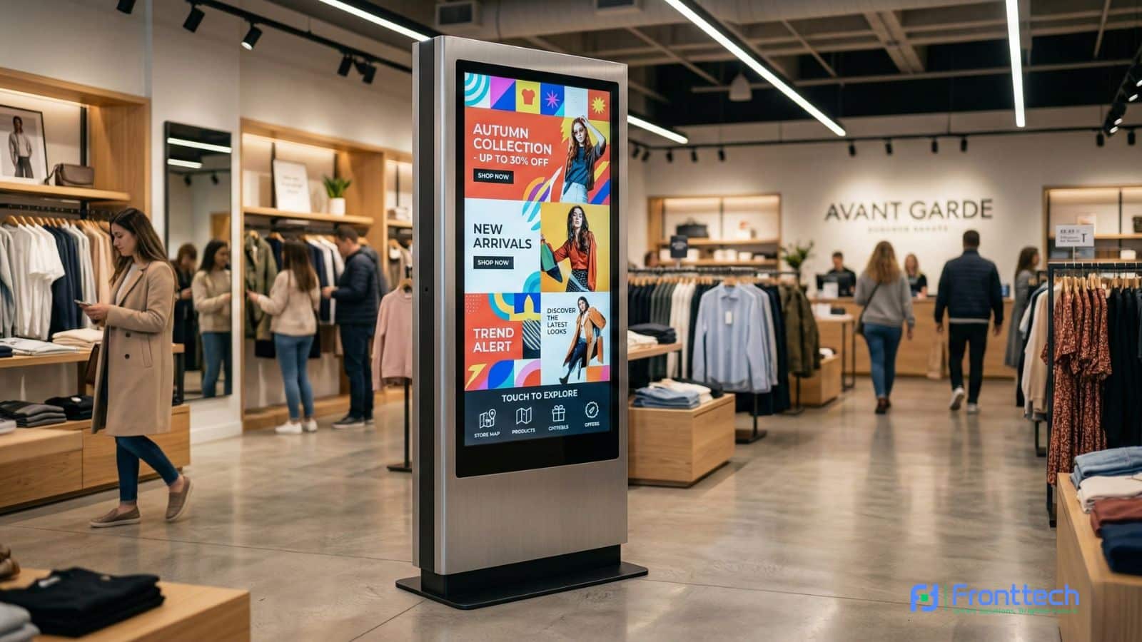 Digital signage display kiosk showing advertisements inside a modern retail store