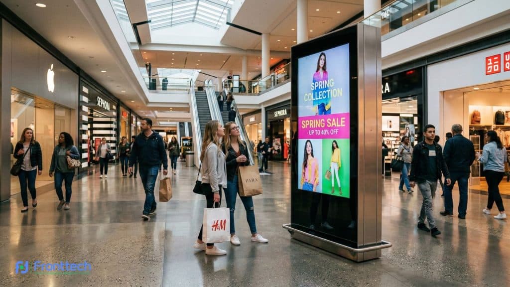 Digital signage kiosk advertising products inside a shopping mall