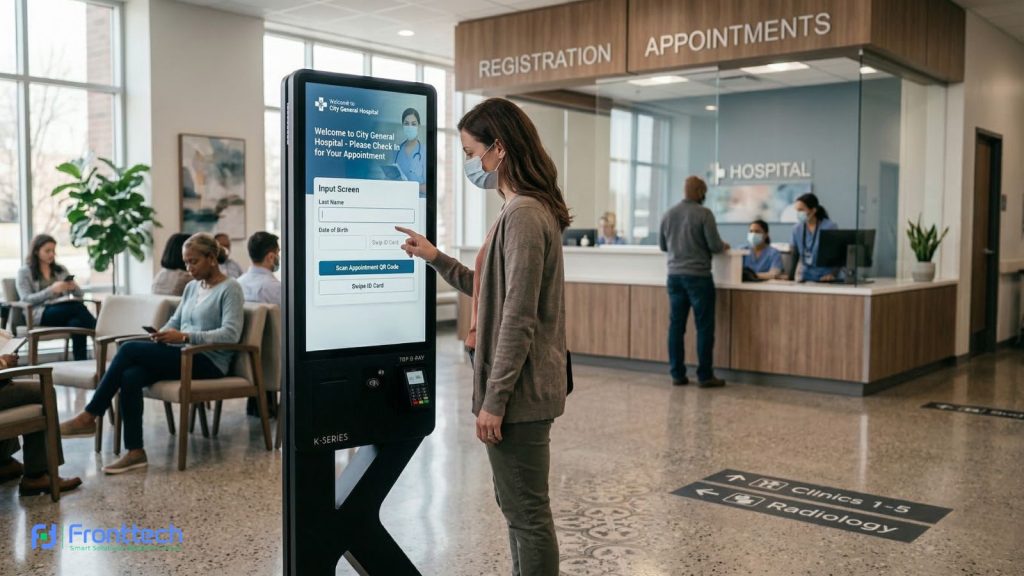 K-Type Touch Screen Kioskused for patient check in at hospital reception