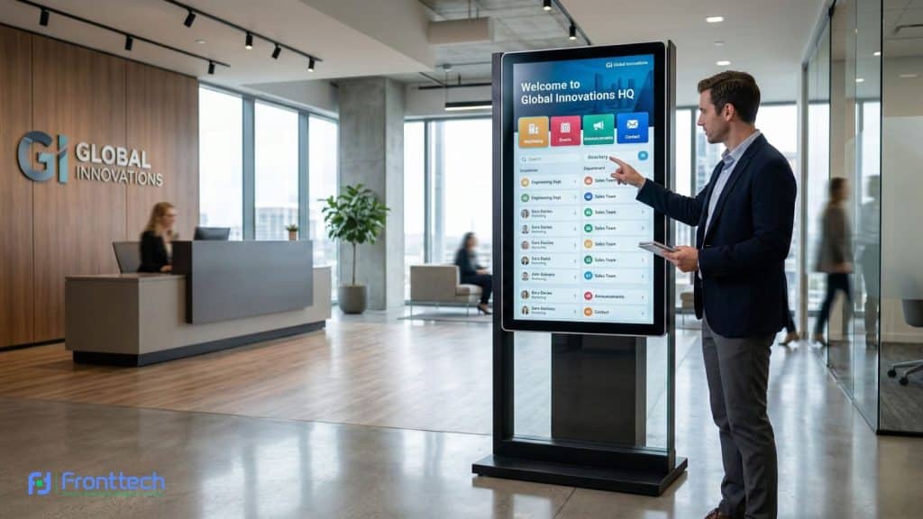 Interactive digital signage kiosk with large touchscreen display for customer interaction