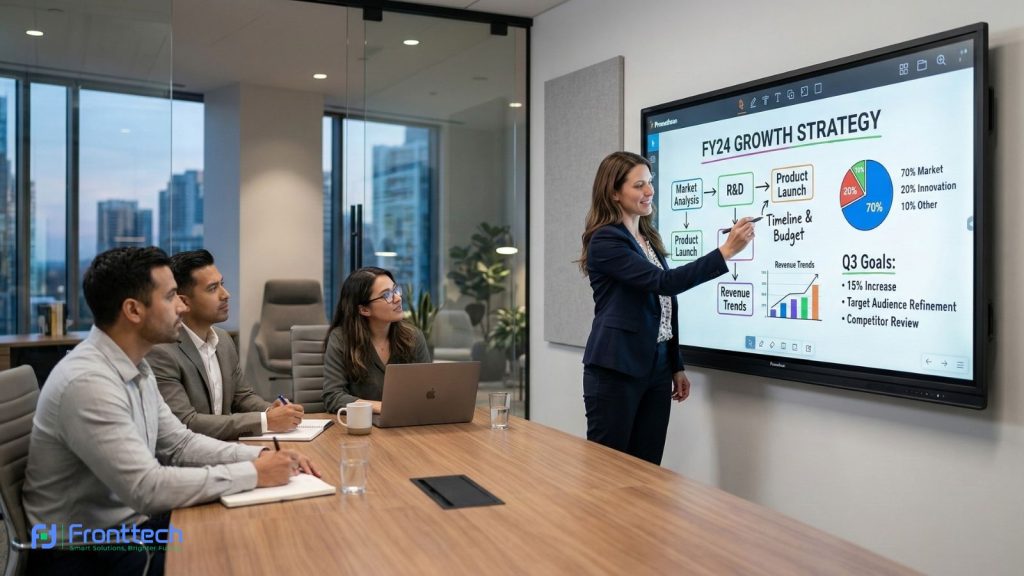 Interactive Flat Panel smart board used during corporate office meeting presentation