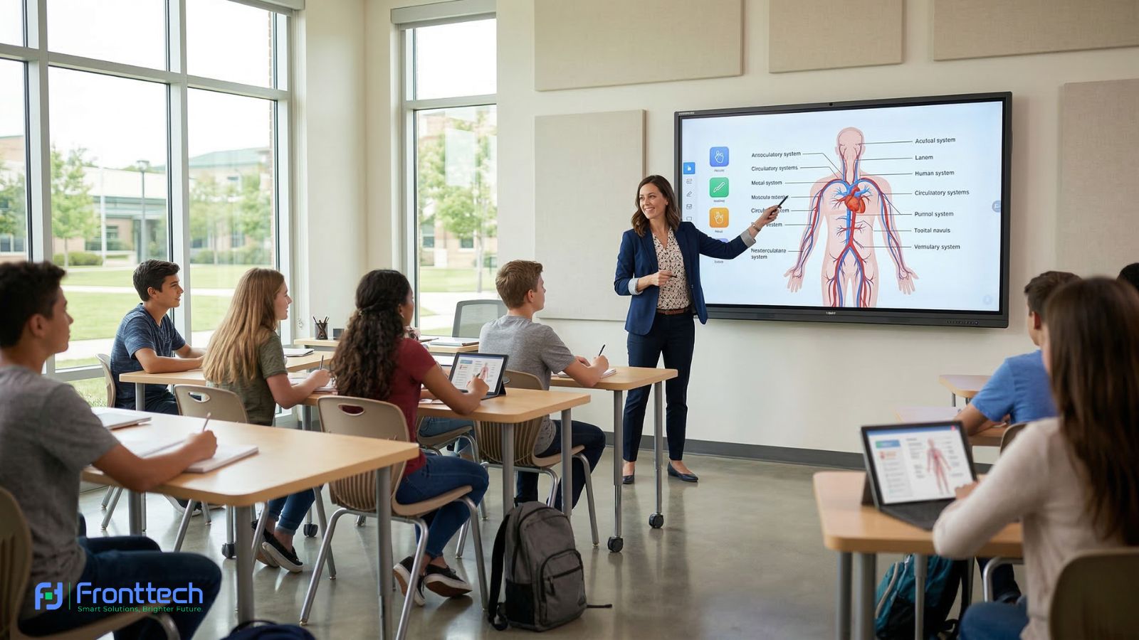 interactive flat panel display smart board used in modern classroom
