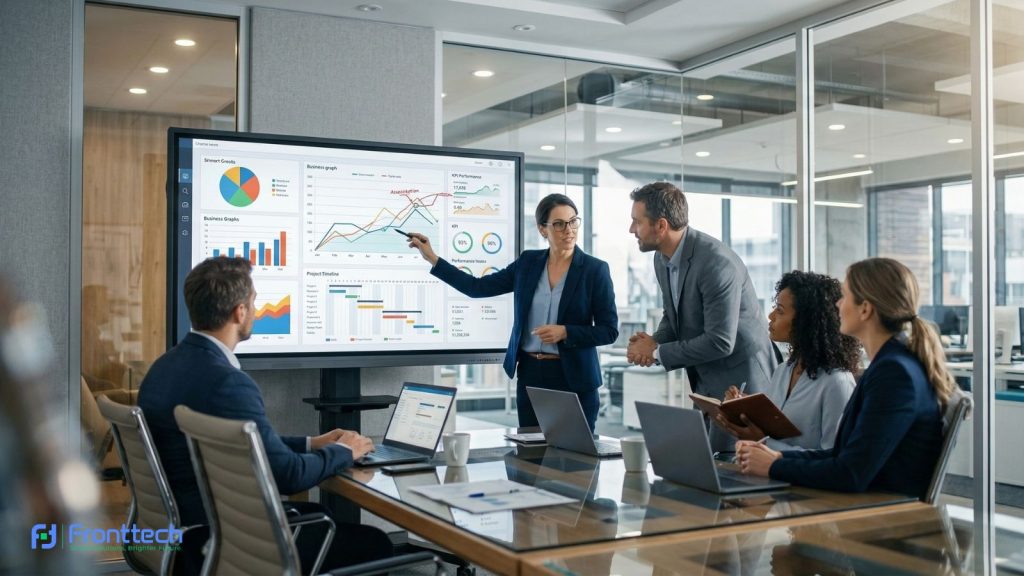 Interactive flat panel smart board used during corporate team meeting presentation