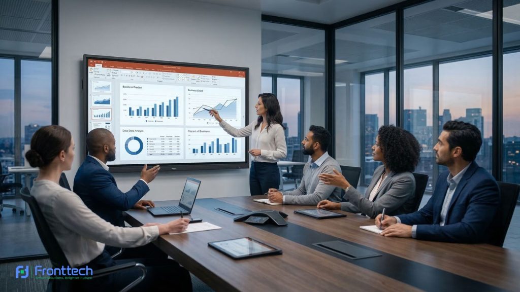 interactive flat panel display used in corporate meeting room presentation
