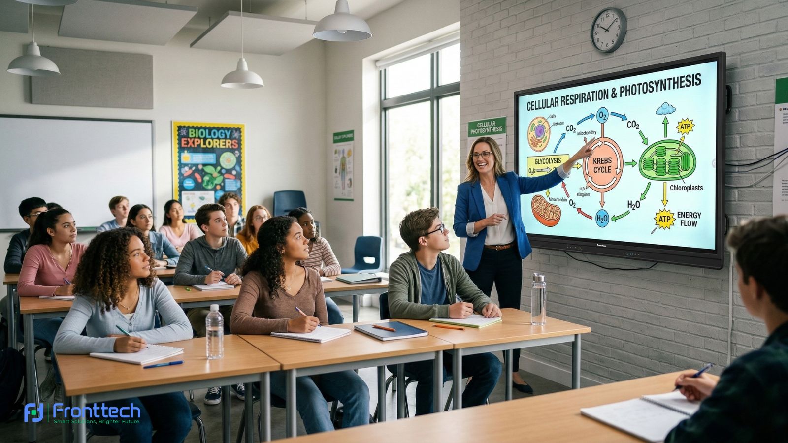 Interactive flat panel smart board used in a modern classroom for digital learning