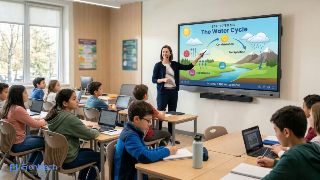 Interactive flat panel smart board used in a modern classroom for digital teaching