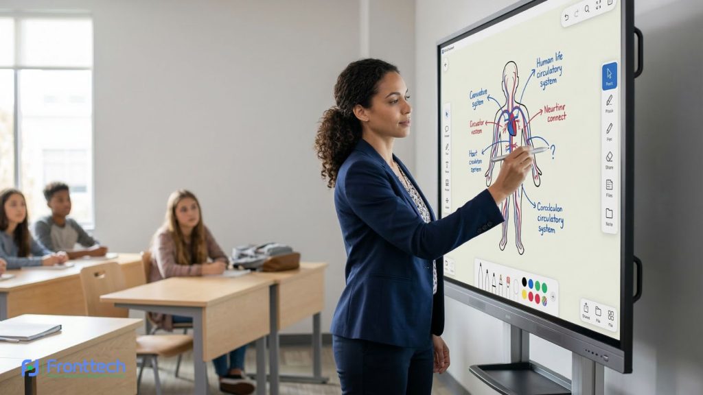 person writing on interactive flat panel touchscreen smart board
