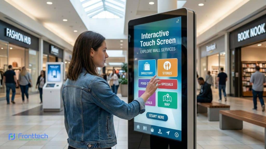 person using interactive touchscreen digital signage kiosk