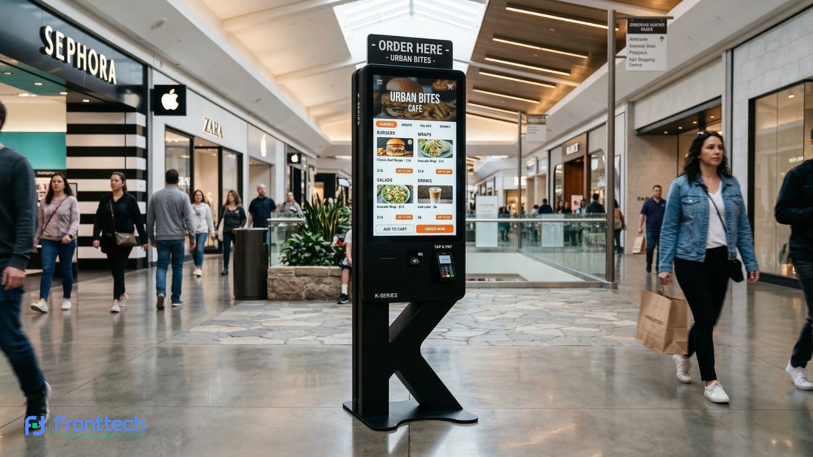 k type touch screen kiosk self service terminal used in retail and restaurants