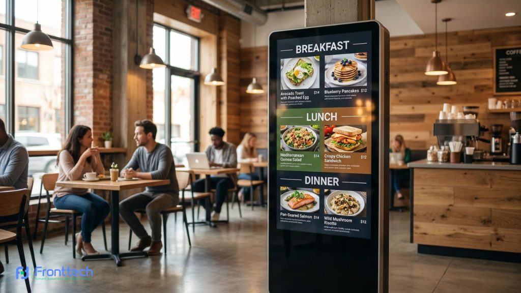 Digital signage kiosk displaying restaurant menu for breakfast lunch and dinner