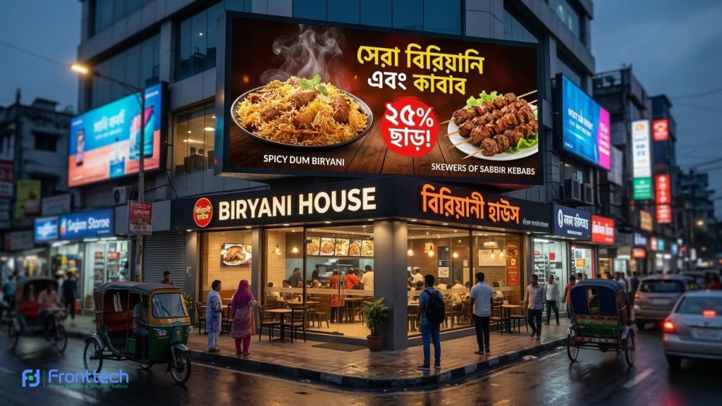 Outdoor LED advertising display promoting restaurant menu