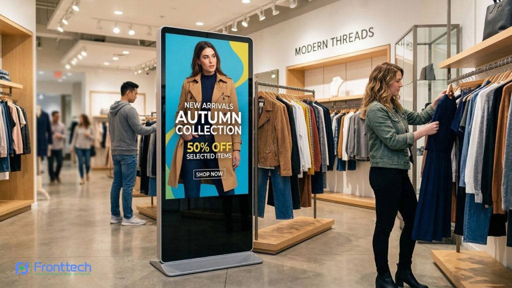 digital signage kiosk displaying product promotions inside retail store