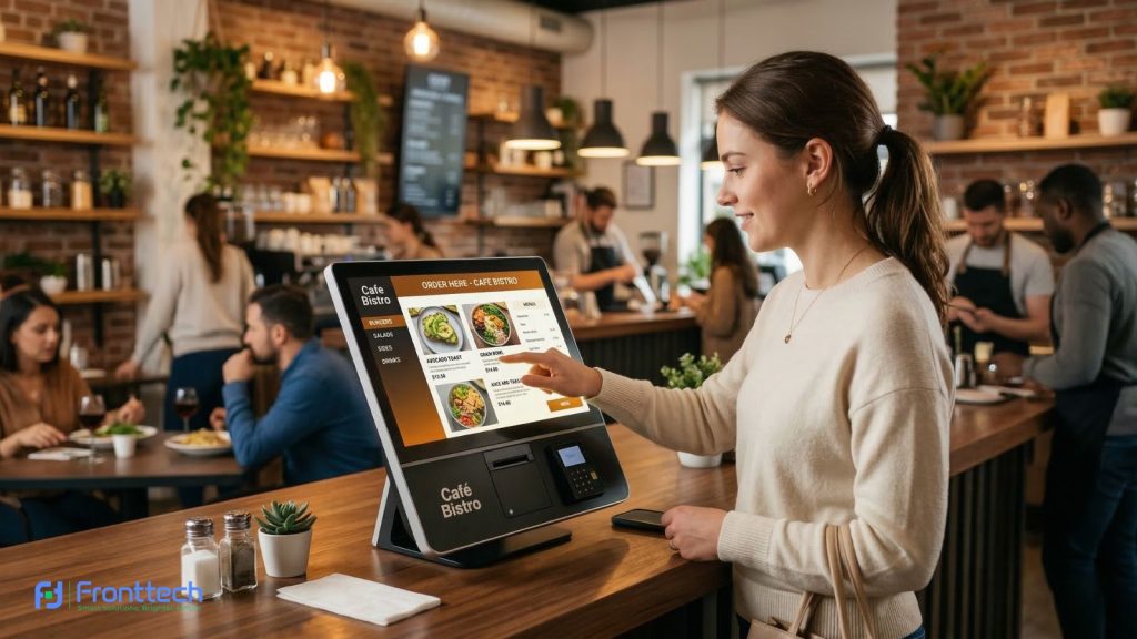 self service ordering kiosk used in modern restaurant for digital ordering