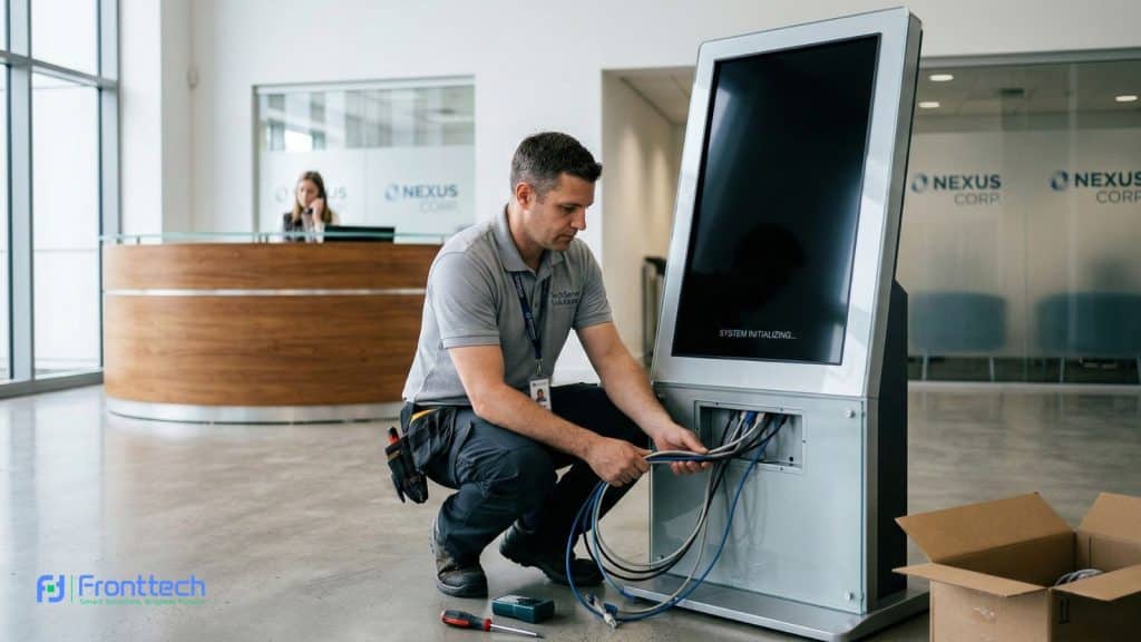 Technician installing touch screen kiosk for business use